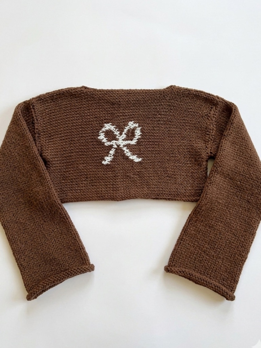 Brown Cropped Knit Sweater with White Bow Detail
